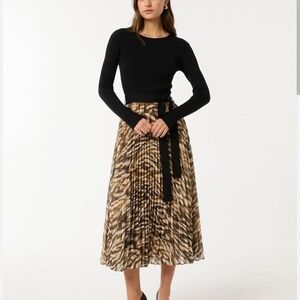 Ever New Black and Brown Pleated Midi Skirt